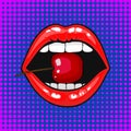 Close up view of young pretty woman lips portrait biting a cherry. Open month with white teeth eating a red cheery Royalty Free Stock Photo