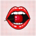 Close up view of young pretty woman lips portrait biting a cherry. Royalty Free Stock Photo