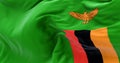 Close-up view of the Zambia national flag waving in the wind