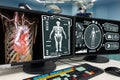 Close-up viewing and analytics at Hologram human anatomy and skeleton. Feature of medical science in the operation room. Virtual