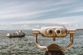 Close-up of binoculars on the Seattle waterfront along Elliott Bay, Washington state, USA