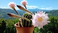 A close-up of a vigorously blooming cactus against a backdrop of mountains Royalty Free Stock Photo