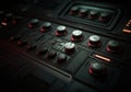 Close-up of a vintage audio mixer with illuminated buttons and knobs