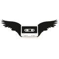 Close up of vintage audio tape cassette with angel wings concept illustration on white background