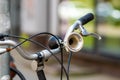 Close-up of a Vintage bicycle horn on handlebar, selective focus Royalty Free Stock Photo