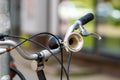 Close-up of a Vintage bicycle horn on handlebar, selective focus