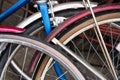 Close-up of vintage bicycles wheels Royalty Free Stock Photo