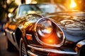 Close up of vintage car headlights with beautiful blurred bokeh effect of sunset in the background Royalty Free Stock Photo