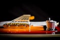 Close up of an vintage electric guitar looking down the neck Royalty Free Stock Photo