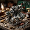 Close-Up of Vintage Engine Component on Wooden Workshop Table Royalty Free Stock Photo