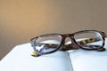 Close up vintage glasses on blurred opened book with copy space Royalty Free Stock Photo