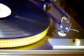 Close up at vintage gramophone. playing old song,Vintage record player with vinyl disc Royalty Free Stock Photo