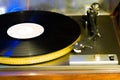 Close up at vintage gramophone. playing old song,Vintage record player with vinyl disc Royalty Free Stock Photo