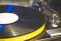 Close up at vintage gramophone. playing old song,Vintage record player with vinyl disc. Royalty Free Stock Photo