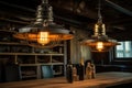 close-up of vintage industrial lighting hanging over a reclaimed wood dining table