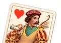 Close up of a vintage jack of hearts playing card.