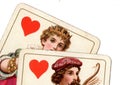 Close up of a vintage jack and queen of hearts playing cards. Royalty Free Stock Photo