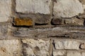 Vintage brick wall with a weathered timber layer amongst the masonry bricks,