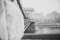 Close up of vintage metal fence of Chain Bridge in black white. Architecture construction background. Hungary, Budapest Royalty Free Stock Photo