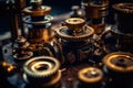 close-up of vintage microscope lenses and gears