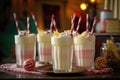 close-up of vintage milkshake glasses with striped straws