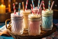 close-up of vintage milkshake glasses with striped straws