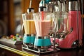 close-up of a vintage milkshake mixer with colorful glasses