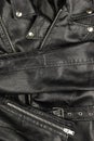 Close-up of vintage Moto black leather jacket details-collar, locks, rivets