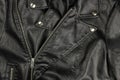 Close-up of vintage Moto black leather jacket details-collar, locks, rivets