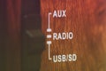 close-up of vintage music radio player aux, radio and usb button Royalty Free Stock Photo