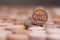 Close up of 2017 vintage new year wine cork with copyspace