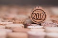 Close up of a 2017 vintage new year wine cork with copyspace