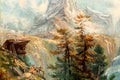 Close-up of majestic Mountain Landscape with Log Cabins Vintage Oil Painting