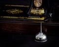 Close up of a vintage Singer sewing machine with original oil can.