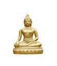 Vintage sitting Buddha image gold statue on yellow lotus in thai temple  on white background , clipping path Royalty Free Stock Photo