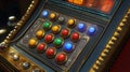 Closeup of a vintage style game console control panel with illuminated buttons