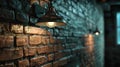 A close-up of a vintage-style wall lamp mounted on a brick wall with a warm light Royalty Free Stock Photo