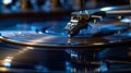 Close-up of a Vinyl Record Player Needle on a Spinning Record. Vintage Audio Equipment in Action Captured in High Detail Royalty Free Stock Photo