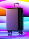Close Up Of Violet Blank Modern Suitcase on Multicolored Abstract Background And Glossy Showcase. 3d Rendering