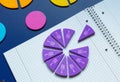 Close up violet pie chart, fractions, open notepad on blue background. Back to school. Mathematics, fun games, formulas. Royalty Free Stock Photo