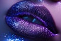 Close-up of violet woman's lips. Glossy purple lipstick with glitter. Half-open mouth of beautiful female model Royalty Free Stock Photo