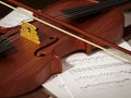 Close up of violin standing on music sheet. 3D illustration