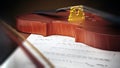 Close up of violin standing on music sheet. 3D illustration Royalty Free Stock Photo