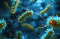 Close-up of virulent bacteria clusters with intricate appendages in a dark aquatic environment on dark blue background.