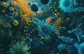 Close-up of virulent bacteria clusters with intricate appendages in a dark aquatic environment on dark blue background. Royalty Free Stock Photo