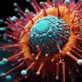 A close up of a virus with blue and red spots, AI