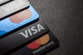 Close-up of Visa credit cards placed on a dark background. Moscow, Russia - March 14, 2022. Royalty Free Stock Photo