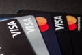 Close-up of Visa credit cards placed on a dark background. Moscow, Russia - March 14, 2022. Royalty Free Stock Photo
