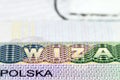 Close up of visa in passport. Poland of shengen travel concept.