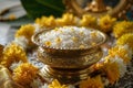close-up of a Vishukkani arrangement with a brass vessel brimming with fragrant rice Royalty Free Stock Photo